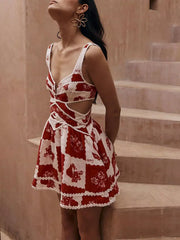Bohemian Printed Sleeveless With Cutout Waist And Deep V-Neck Mini Dress