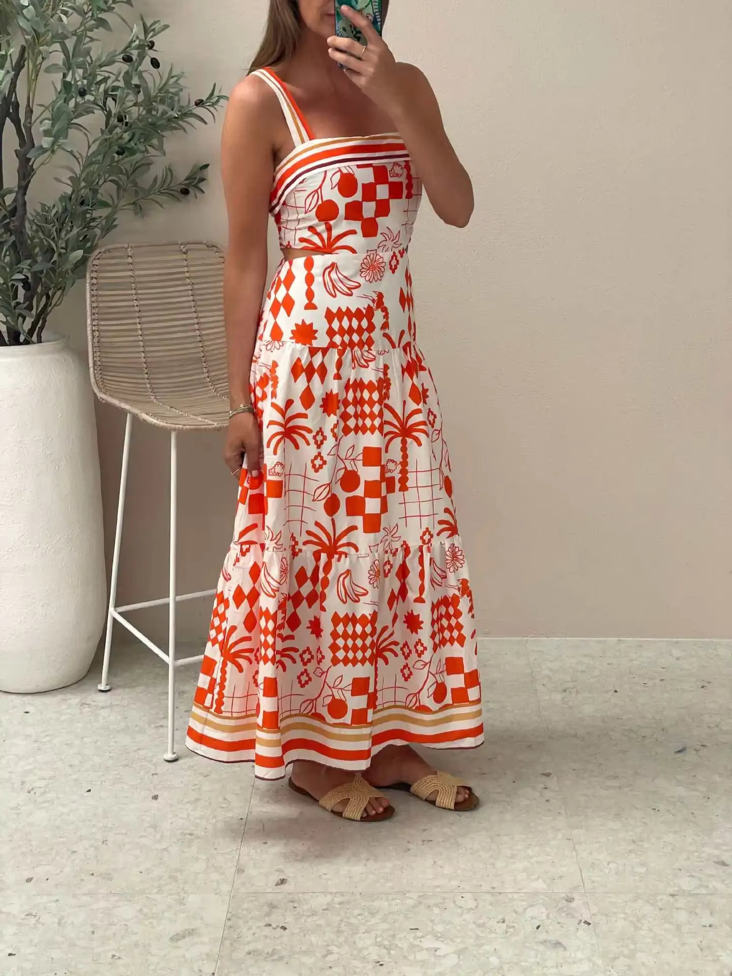 Bohemian Printed Style Spaghetti Strap Long Ankle-Length Maxi Dress