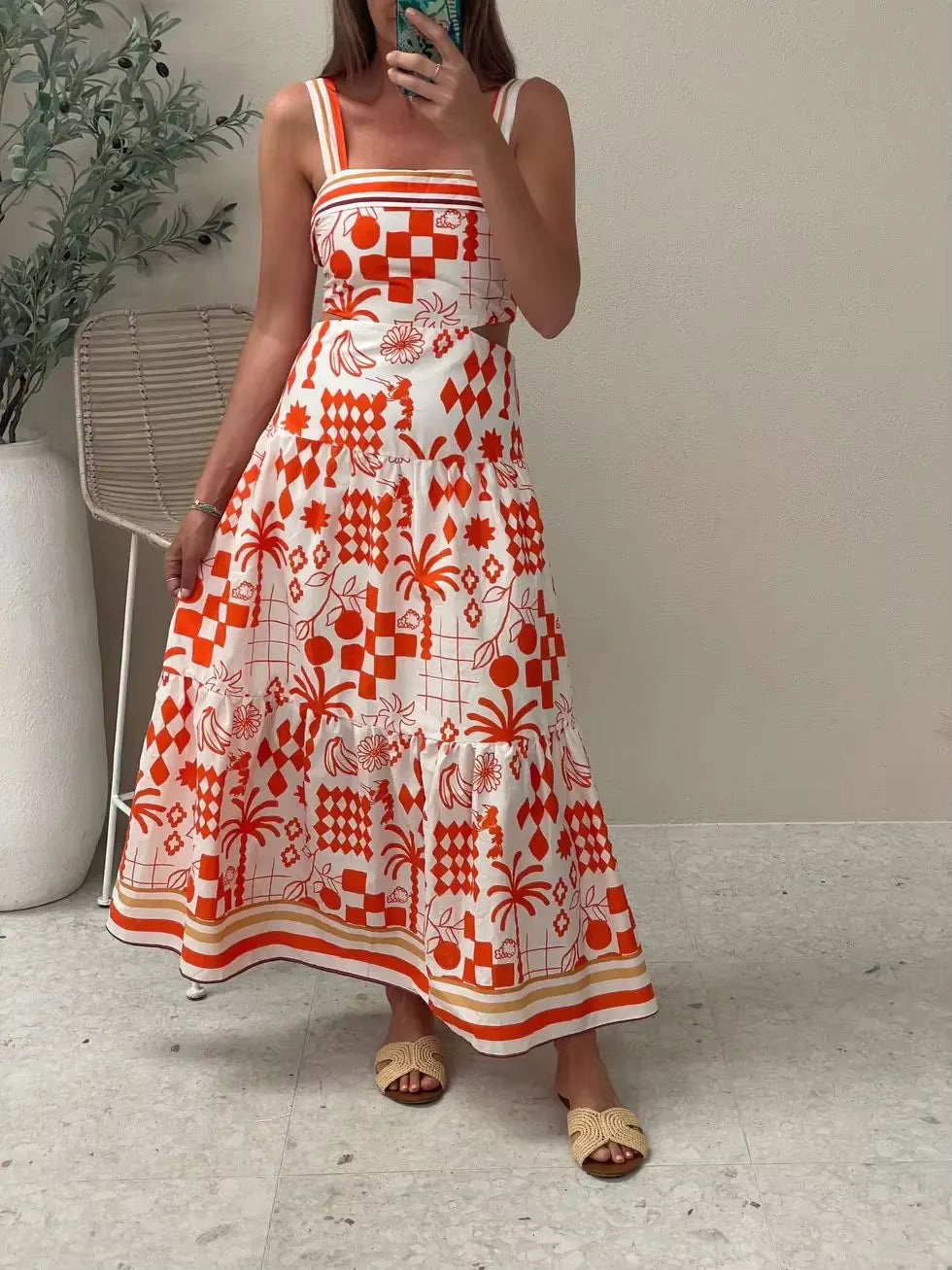 Bohemian Printed Style Spaghetti Strap Long Ankle-Length Maxi Dress