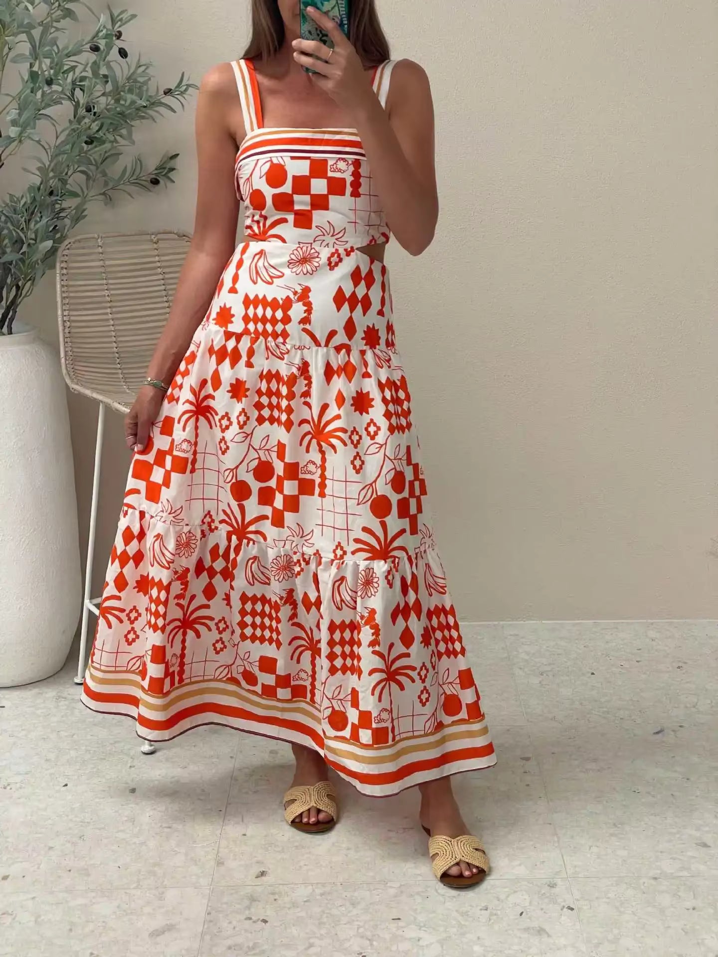 Bohemian Printed Style Spaghetti Strap Long Ankle-Length Maxi Dress