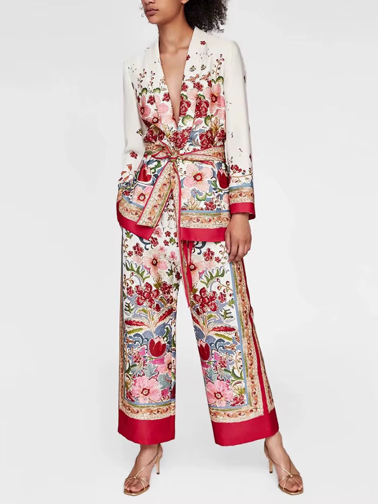 Bohemian Printing Shawl Collar Long Sleeve Top High Waist Wide Leg Pant Two Piece Set
