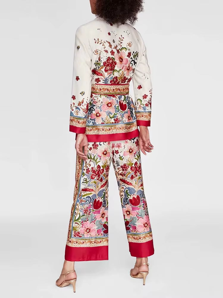 Bohemian Printing Shawl Collar Long Sleeve Top High Waist Wide Leg Pant Two Piece Set