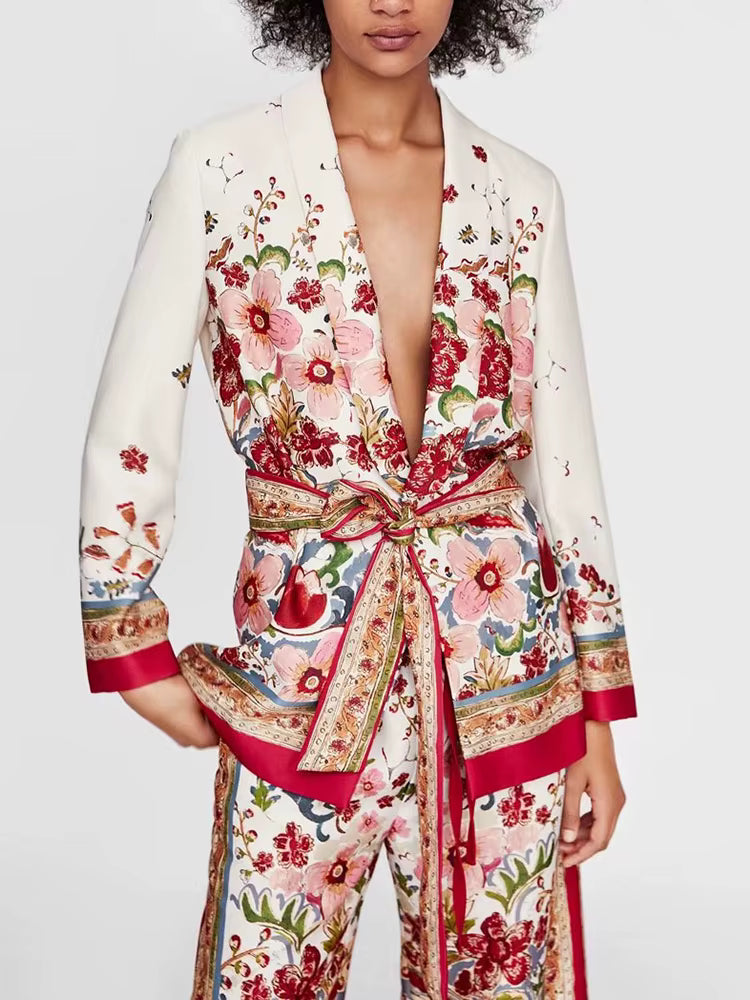 Bohemian Printing Shawl Collar Long Sleeve Top High Waist Wide Leg Pant Two Piece Set