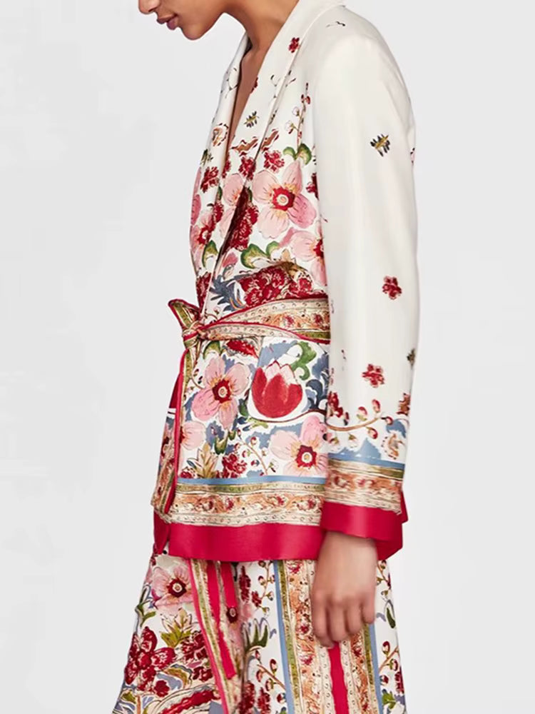 Bohemian Printing Shawl Collar Long Sleeve Top High Waist Wide Leg Pant Two Piece Set