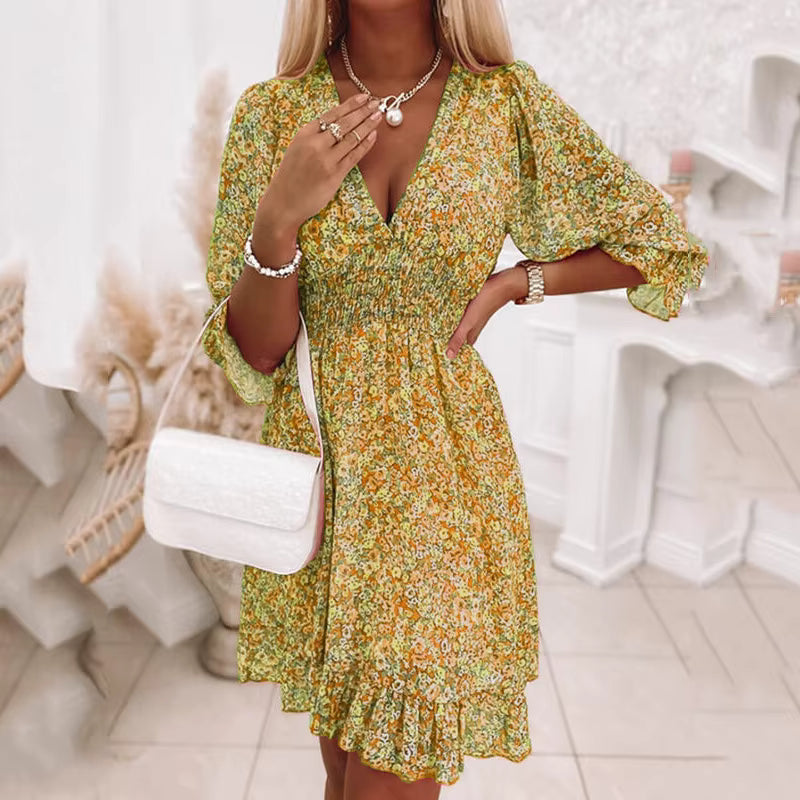 Bohemian Pullover Fragmented Short Sleeve Flower Printed Mini Dress