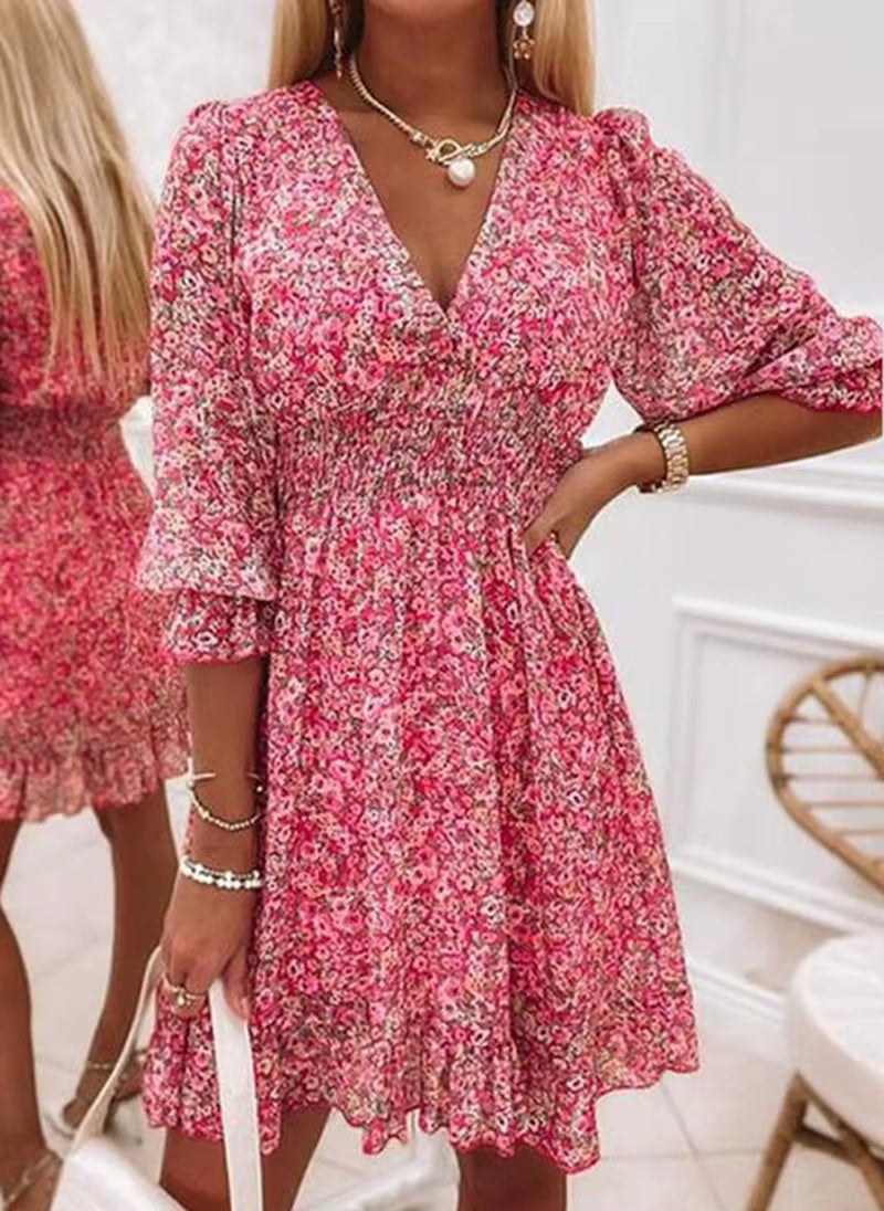 Bohemian Pullover Fragmented Short Sleeve Flower Printed Mini Dress