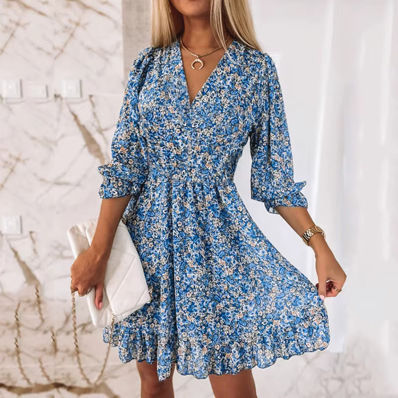 Bohemian Pullover Fragmented Short Sleeve Flower Printed Mini Dress