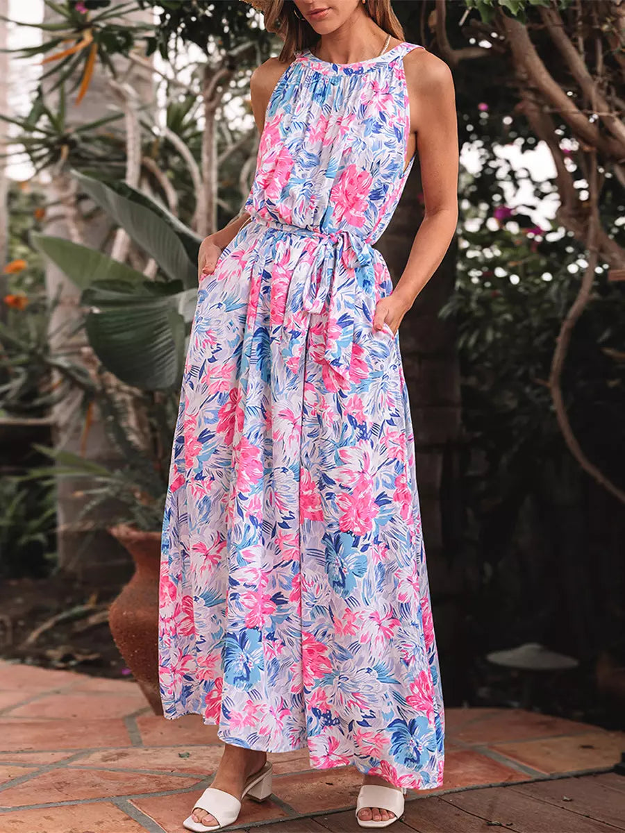 Bohemian Sash Floral Print Sleeveless Belted Maxi Dress Resort Wear