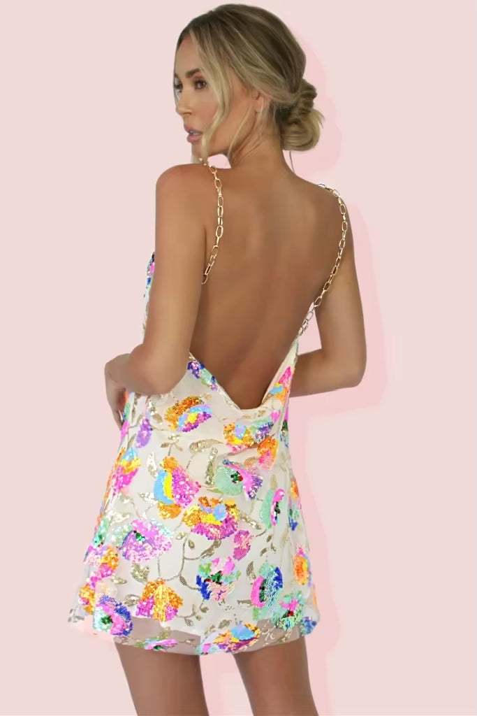 Bohemian Sequin Elegant Chain Spaghetti Strap Low Cut Backless Short Dress