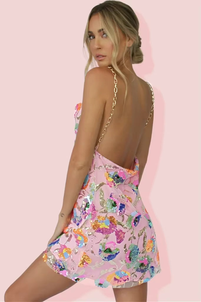 Bohemian Sequin Elegant Chain Spaghetti Strap Low Cut Backless Short Dress