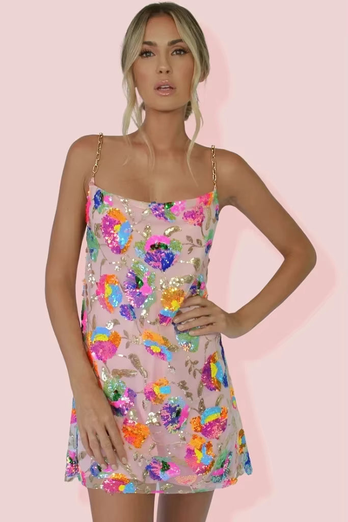 Bohemian Sequin Elegant Chain Spaghetti Strap Low Cut Backless Short Dress