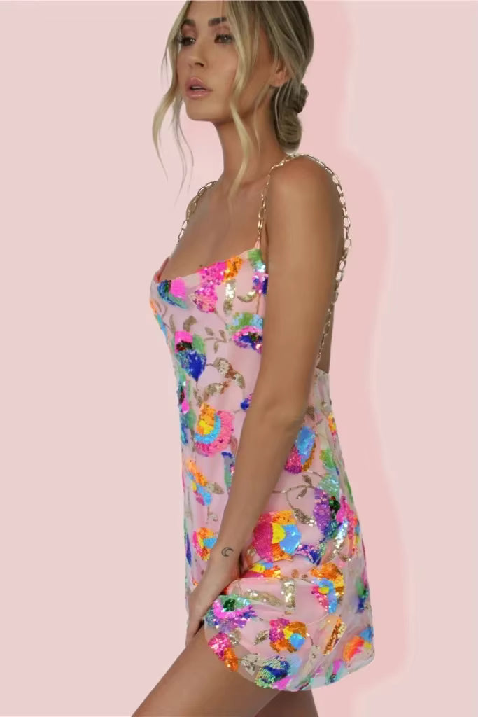 Bohemian Sequin Elegant Chain Spaghetti Strap Low Cut Backless Short Dress