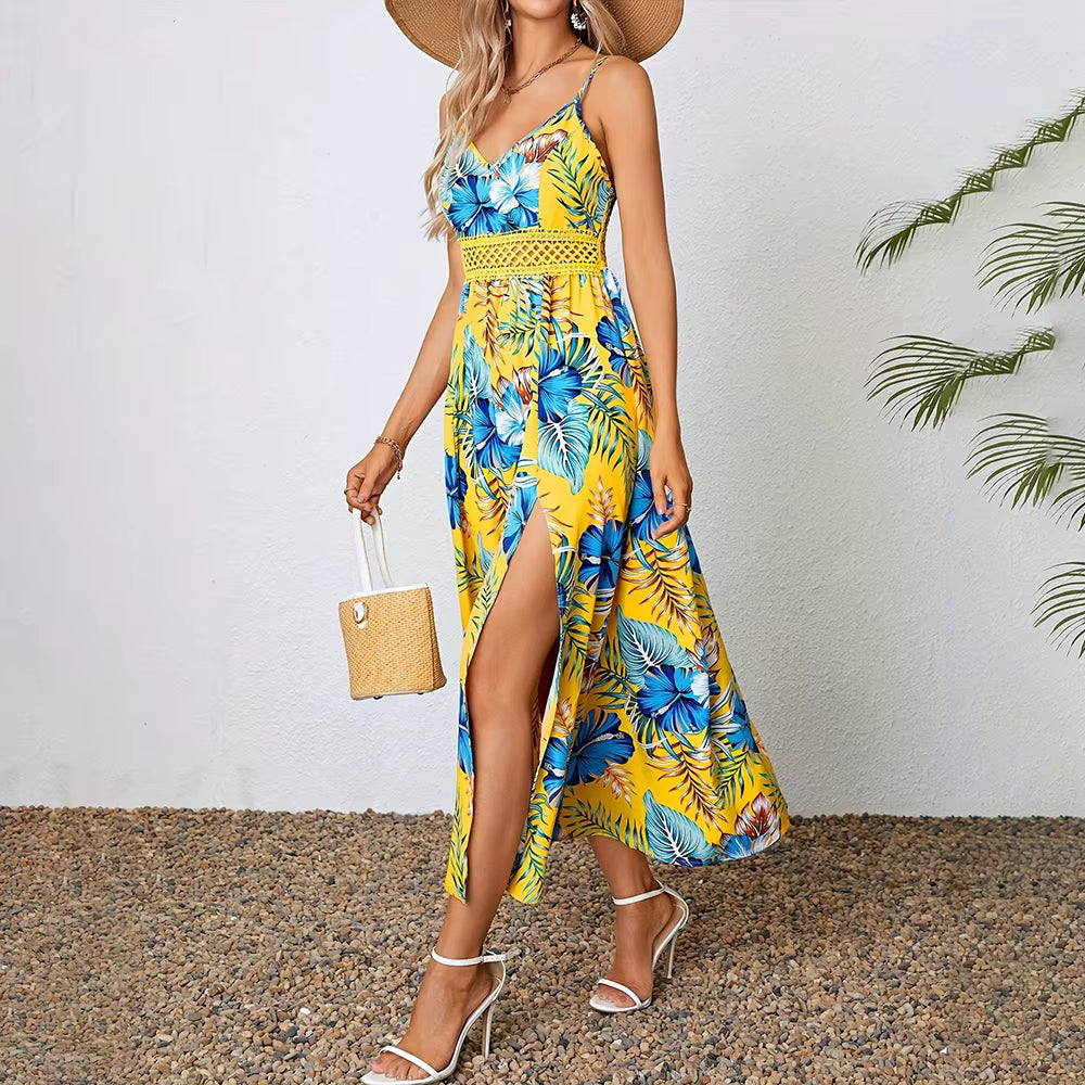 Bohemian Sling V-Neck Sleeveless Robe Beach Style Slit Maxi Dress