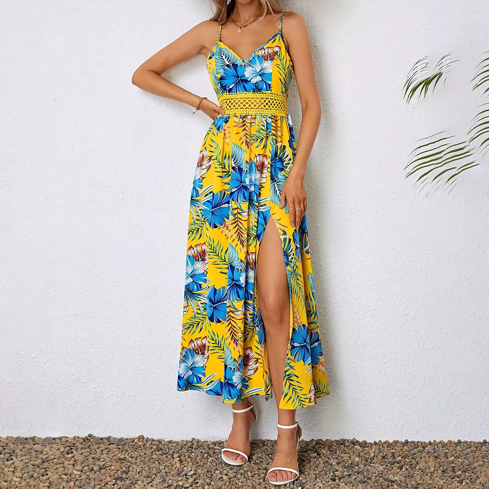 Bohemian Sling V-Neck Sleeveless Robe Beach Style Slit Maxi Dress
