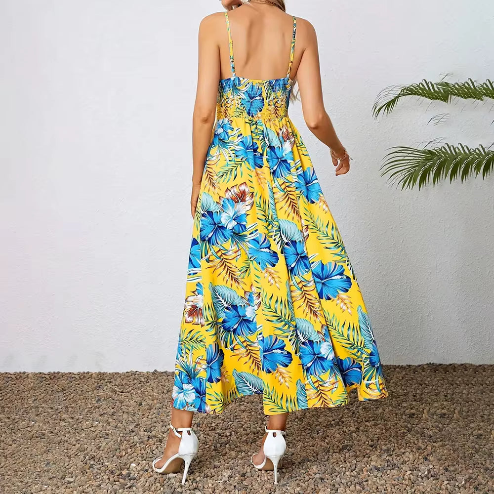 Bohemian Sling V-Neck Sleeveless Robe Beach Style Slit Maxi Dress