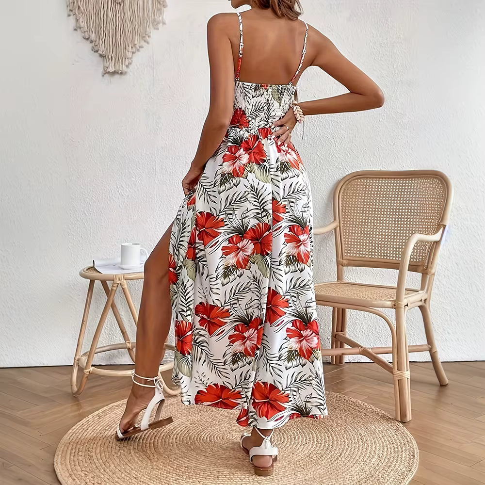 Bohemian Sling V-Neck Sleeveless Robe Beach Style Slit Maxi Dress