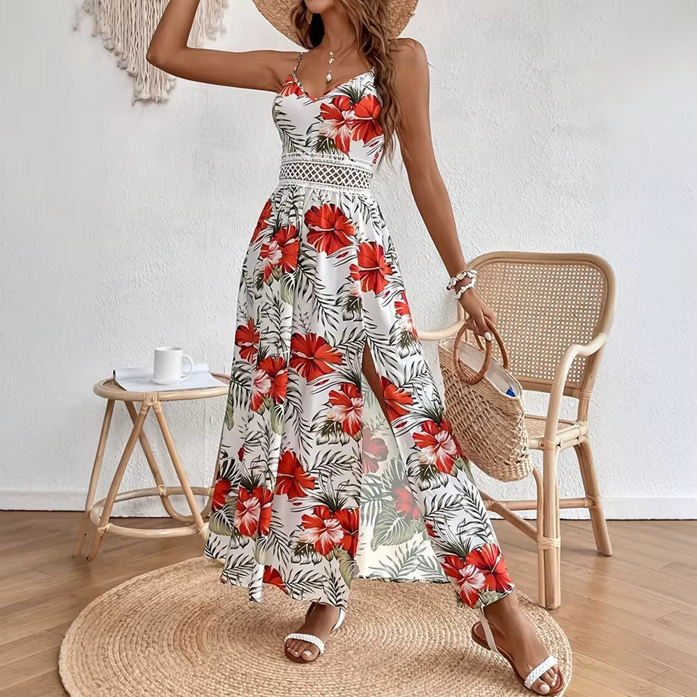 Bohemian Sling V-Neck Sleeveless Robe Beach Style Slit Maxi Dress