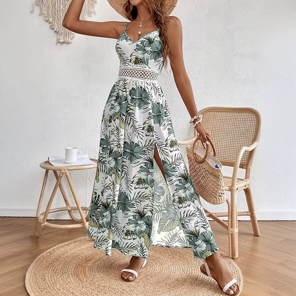 Bohemian Sling V-Neck Sleeveless Robe Beach Style Slit Maxi Dress