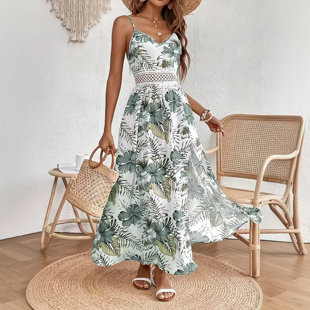 Bohemian Sling V-Neck Sleeveless Robe Beach Style Slit Maxi Dress