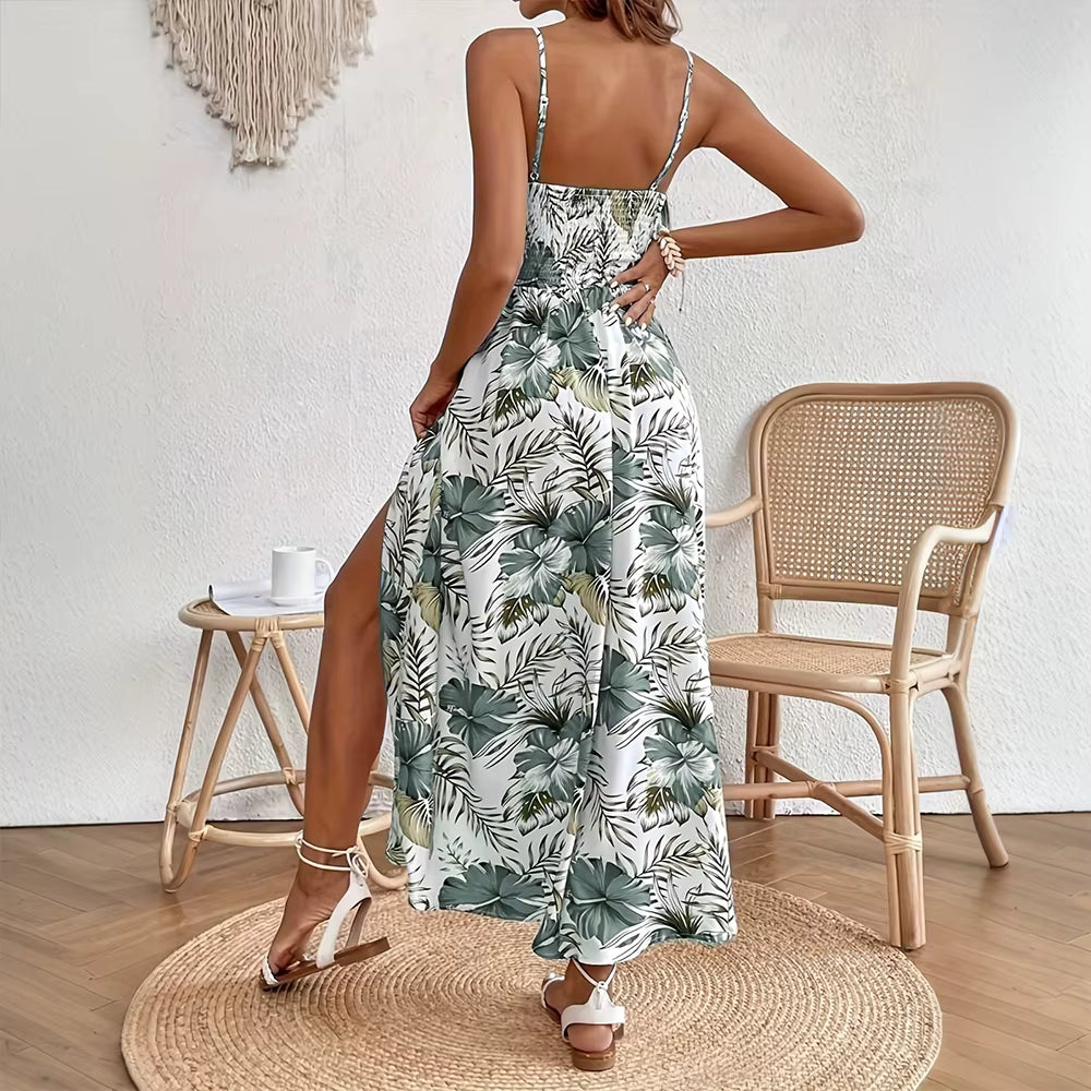 Bohemian Sling V-Neck Sleeveless Robe Beach Style Slit Maxi Dress
