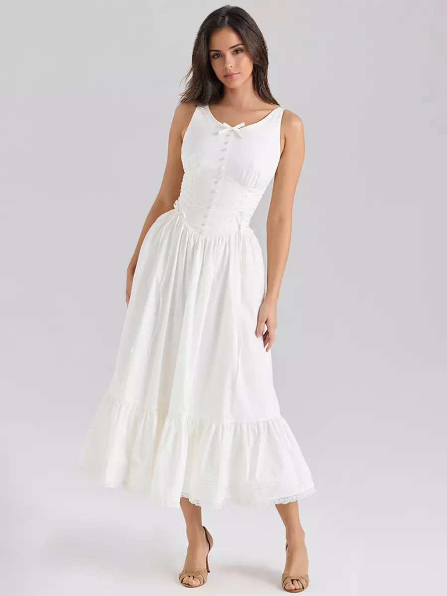Bohemian Solid Color Sleeveless Lace Up Resort Wear Midi Dress