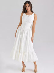 Bohemian Solid Color Sleeveless Lace Up Resort Wear Midi Dress