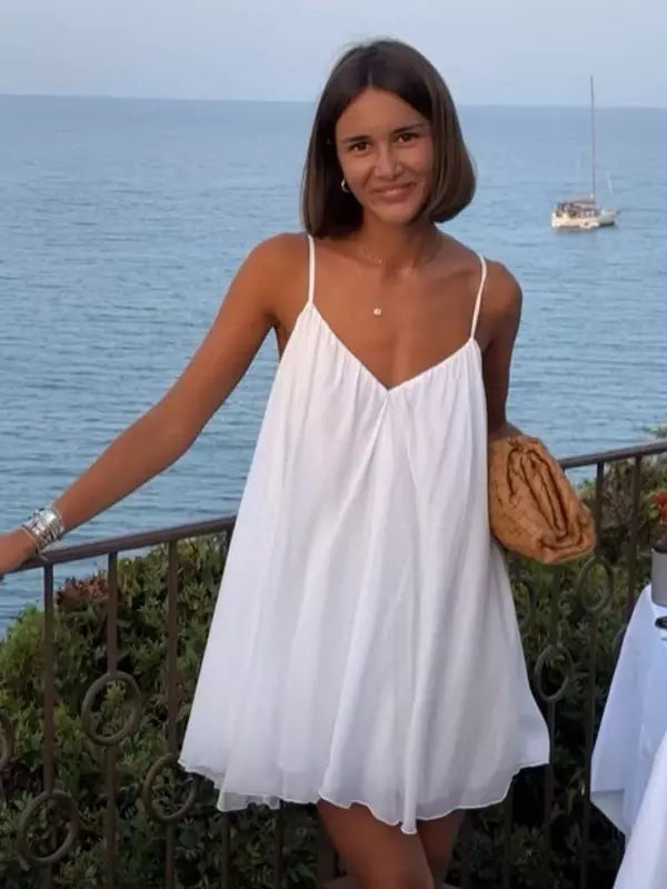 Bohemian Solid Color Slip V-Neck Backless Beach Shift Dress