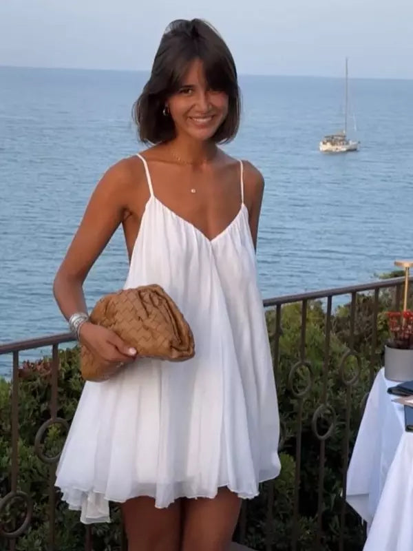 Bohemian Solid Color Slip V-Neck Backless Beach Shift Dress