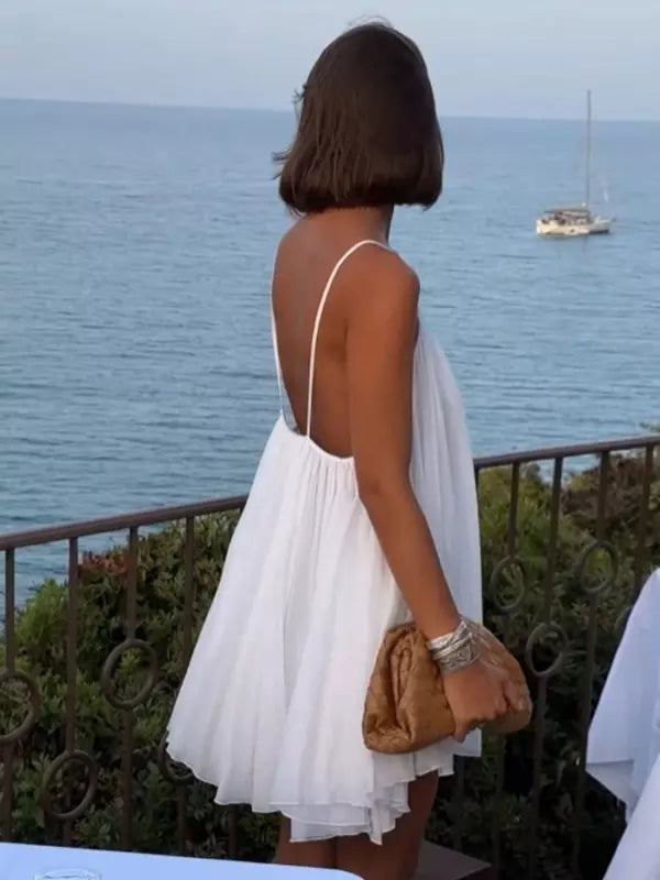Bohemian Solid Color Slip V-Neck Backless Beach Shift Dress