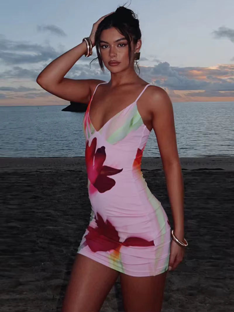 Bohemian Spaghetti Strap Floral Bodycon Beach Style Mini Dress