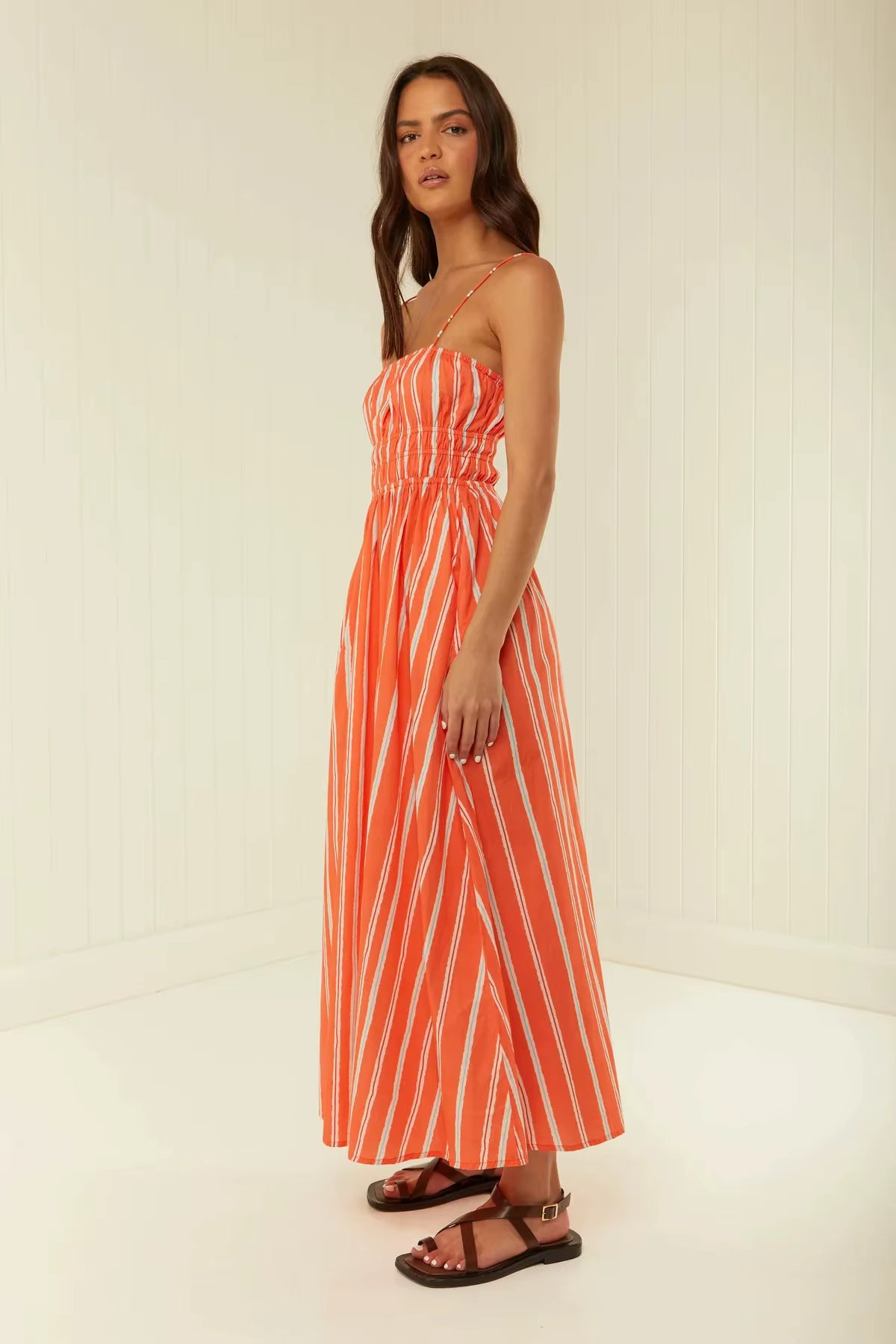 Bohemian Spaghetti Strap One Shoulder Printed Loose Waist Maxi Dress