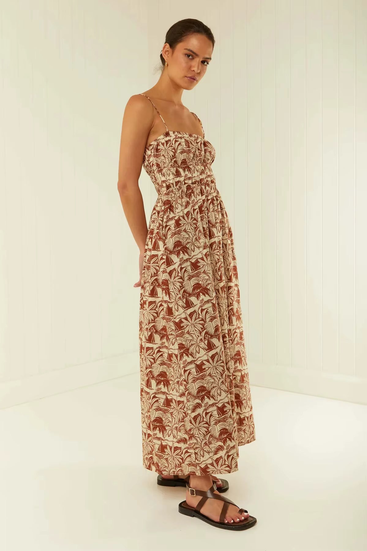 Casual Spaghetti Strap One Shoulder Printed Loose Waist Maxi Dress