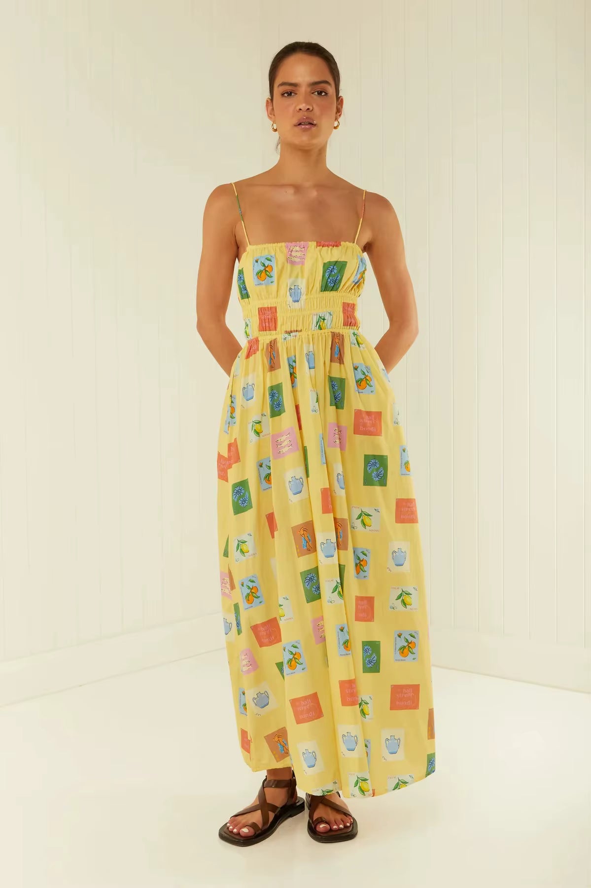 Bohemian Spaghetti Strap One Shoulder Printed Loose Waist Maxi Dress
