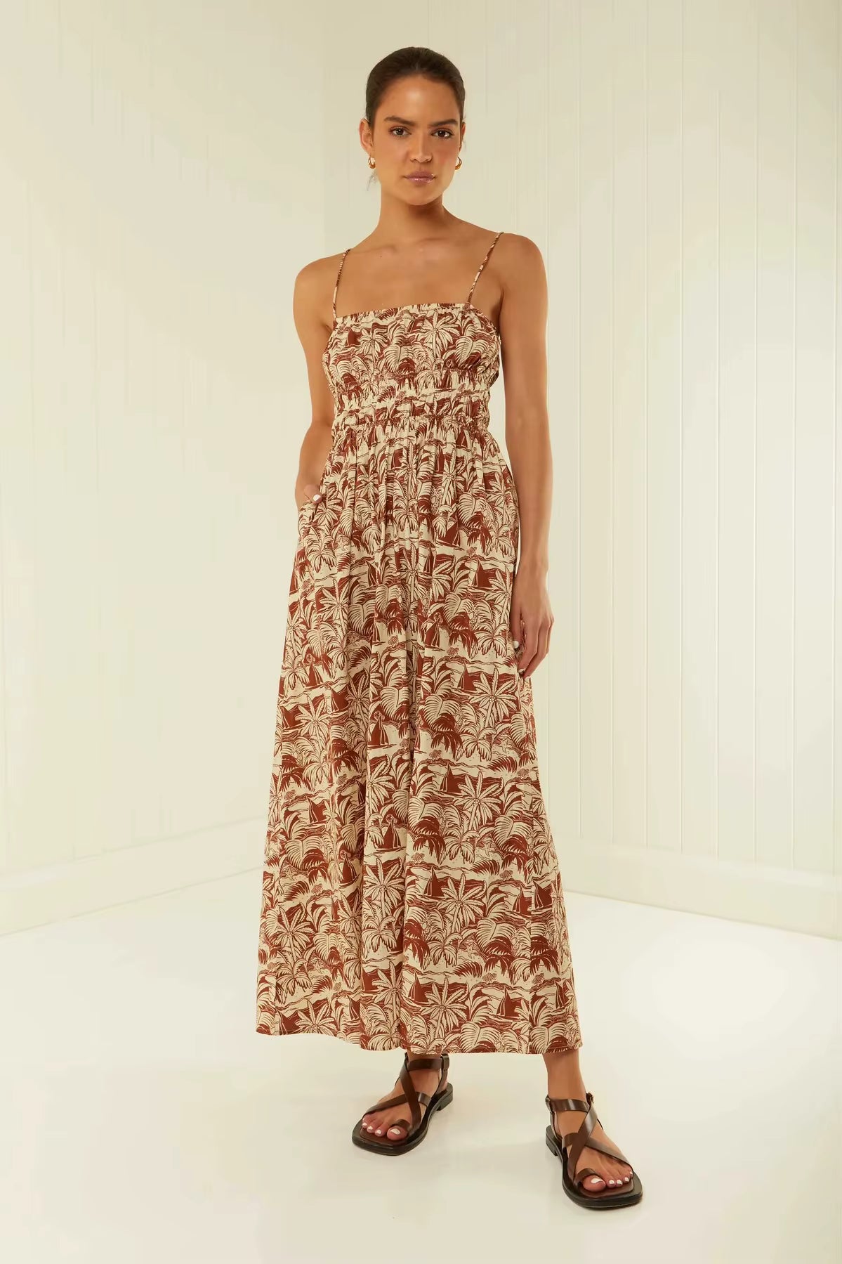 Casual Spaghetti Strap One Shoulder Printed Loose Waist Maxi Dress