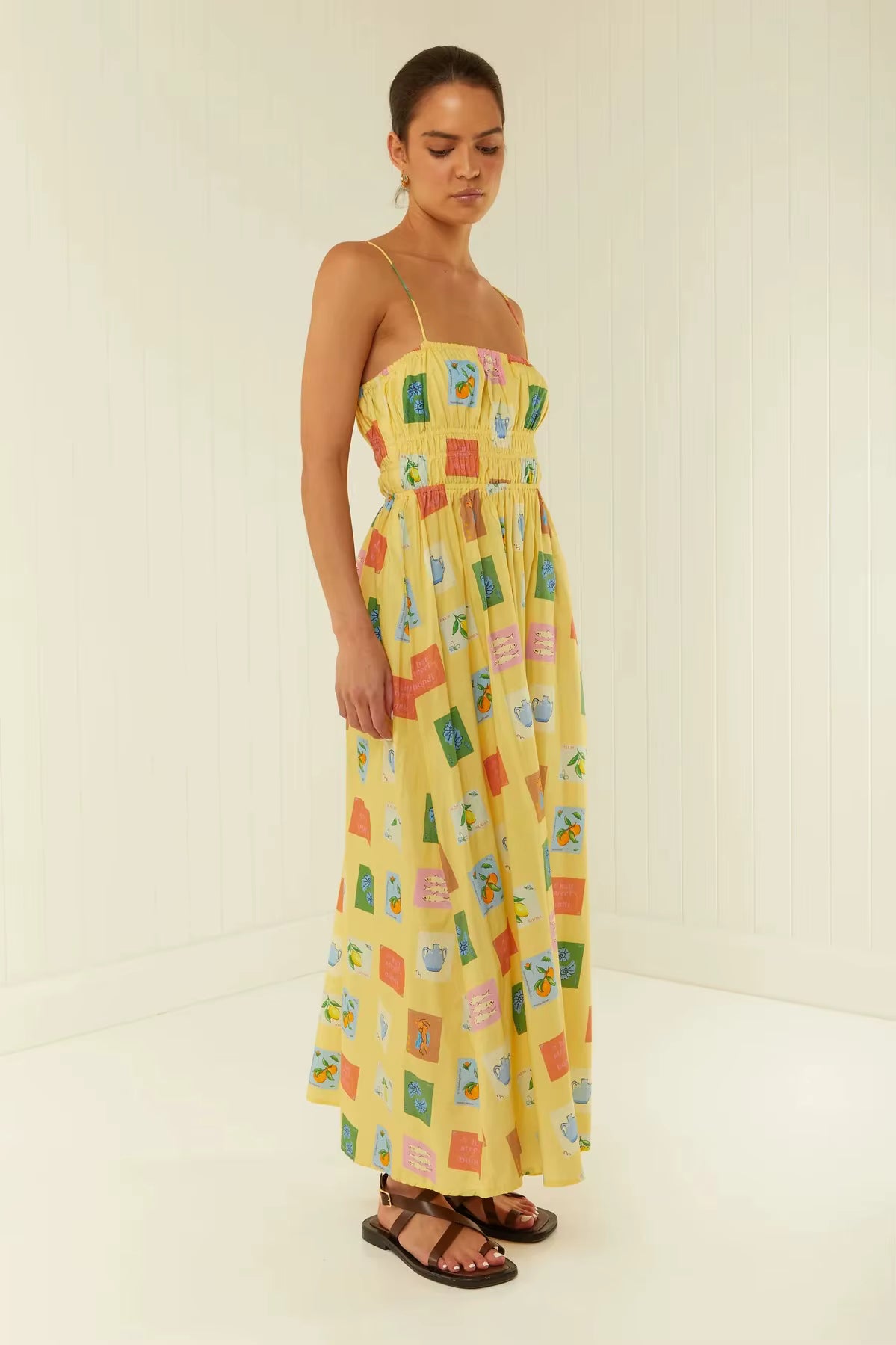 Bohemian Spaghetti Strap One Shoulder Printed Loose Waist Maxi Dress