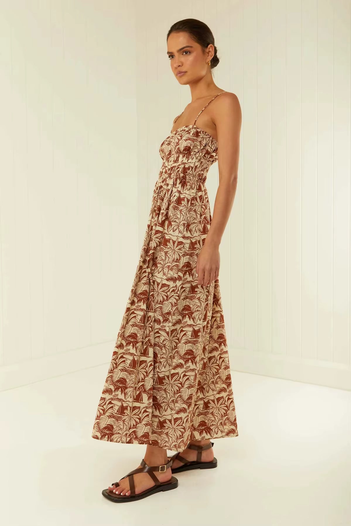 Casual Spaghetti Strap One Shoulder Printed Loose Waist Maxi Dress