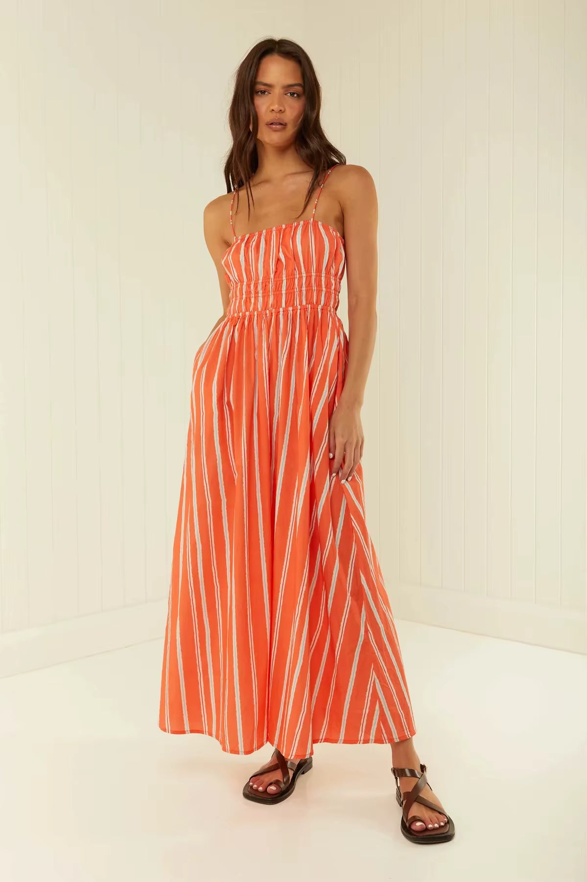 Bohemian Spaghetti Strap One Shoulder Printed Loose Waist Maxi Dress