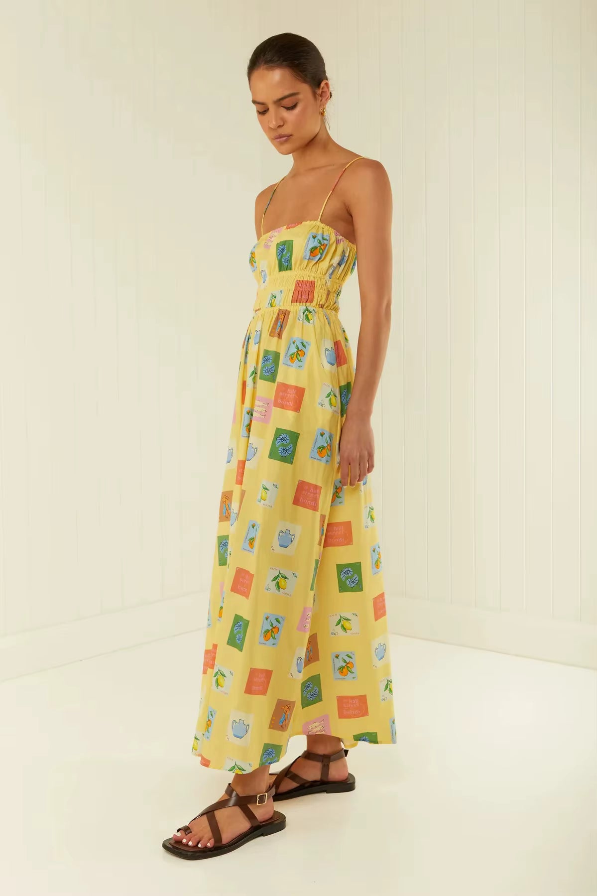 Bohemian Spaghetti Strap One Shoulder Printed Loose Waist Maxi Dress