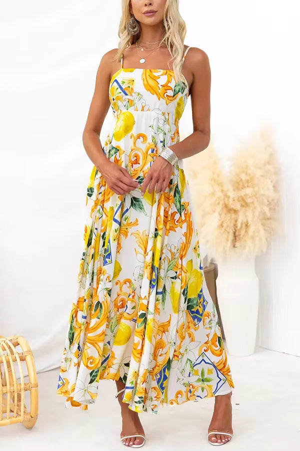 Bohemian Spaghetti Strap Printed Hanging Strap Back Tie Maxi Dress