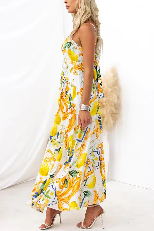 Bohemian Spaghetti Strap Printed Hanging Strap Back Tie Maxi Dress