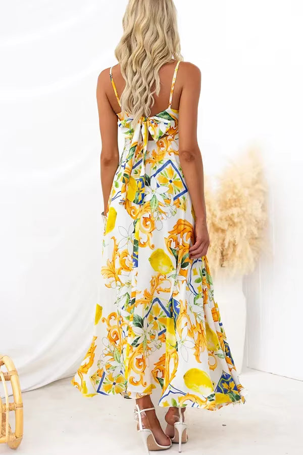 Bohemian Spaghetti Strap Printed Hanging Strap Back Tie Maxi Dress