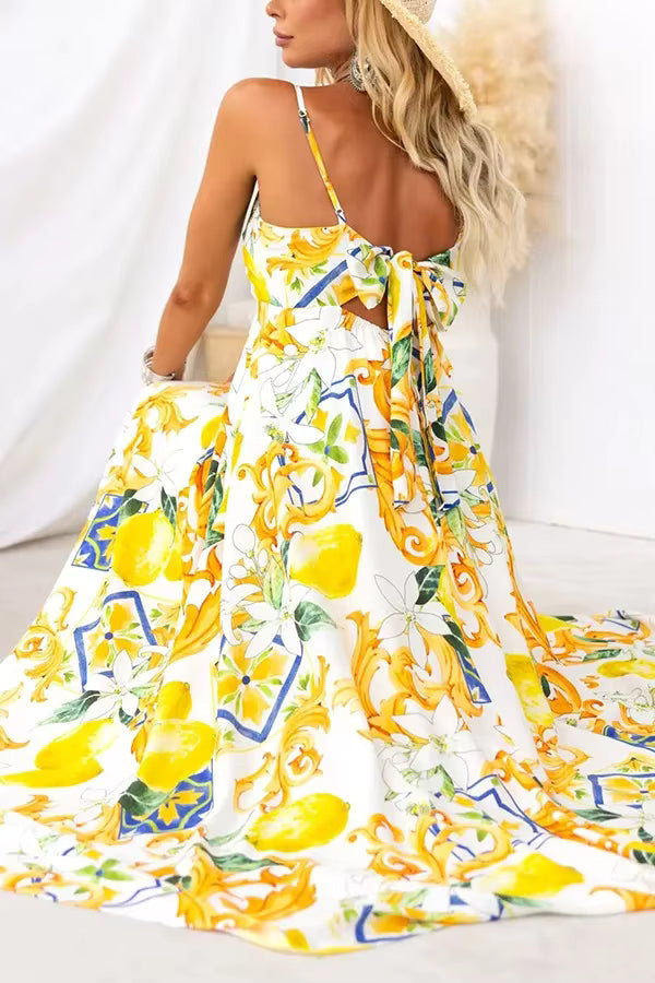 Bohemian Spaghetti Strap Printed Hanging Strap Back Tie Maxi Dress