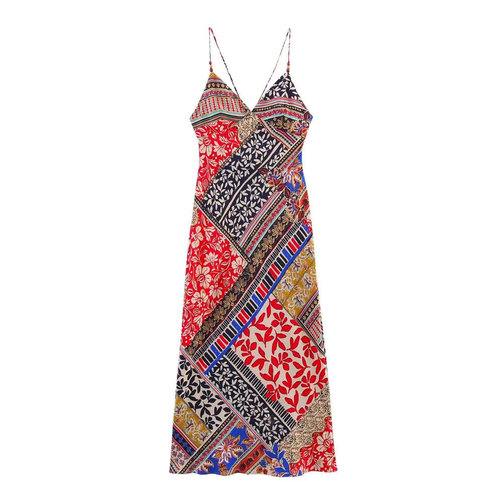 Bohemian Spaghetti Strap With Multicolored Patchwork Print Maxi Dress