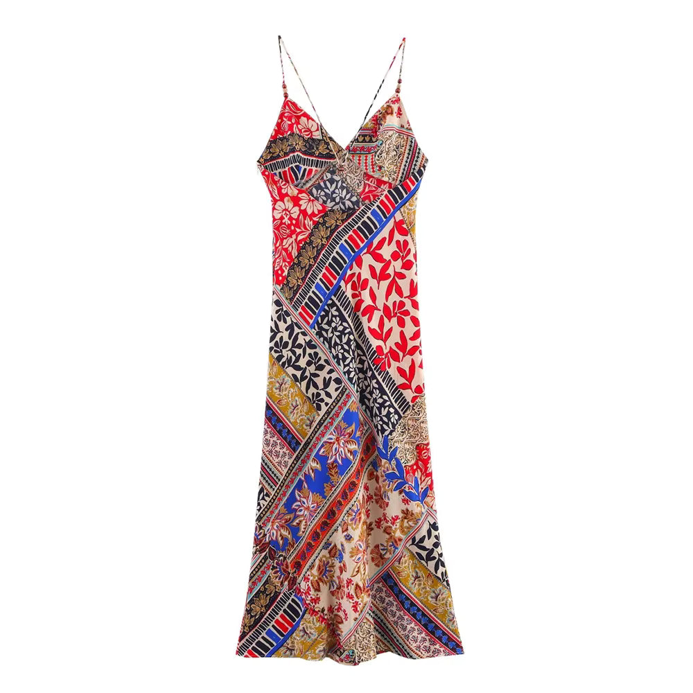 Bohemian Spaghetti Strap With Multicolored Patchwork Print Maxi Dress