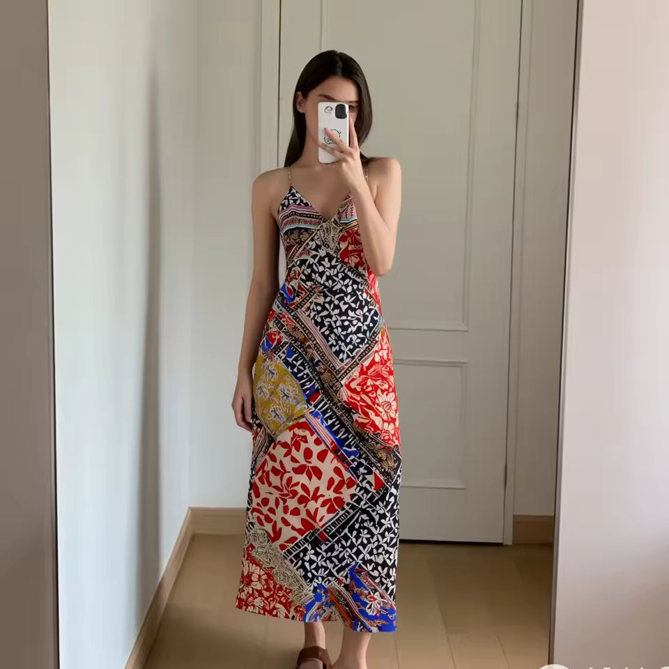 Bohemian Spaghetti Strap With Multicolored Patchwork Print Maxi Dress