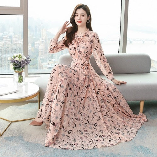 Bohemian Stand Collar Flower Printed Chiffon Long Dress