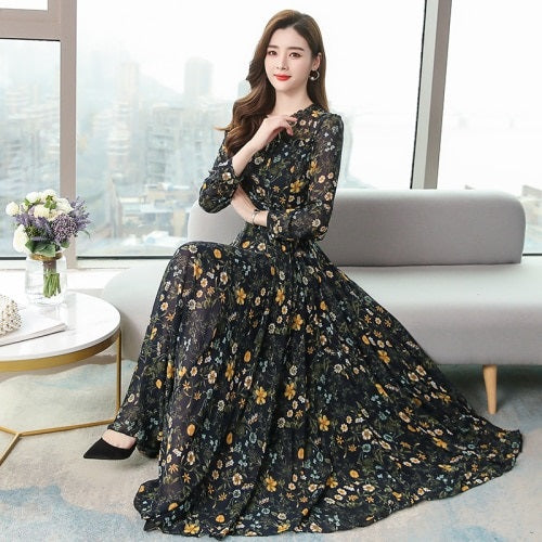 Bohemian Stand Collar Flower Printed Chiffon Long Dress