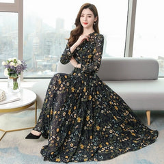 Bohemian Stand Collar Flower Printed Chiffon Long Dress