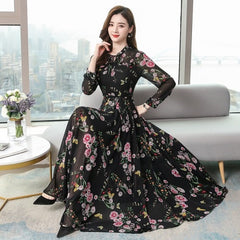 Bohemian Stand Collar Flower Printed Chiffon Long Dress