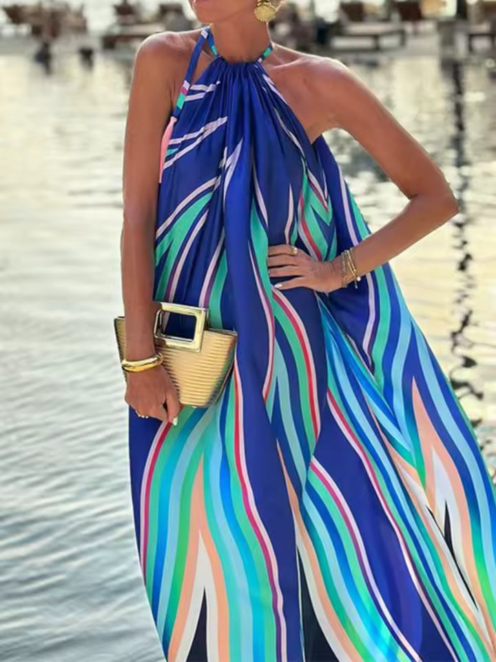 Bohemian Strap Printed Hanging Neck A-line Beach Style Ankle-Length Maxi Dress